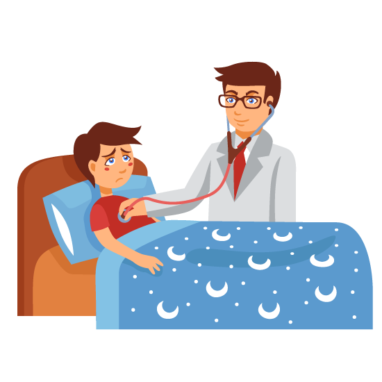 A doctor checks the temperature of a young boy lying in bed, looking concerned and attentive to his health.