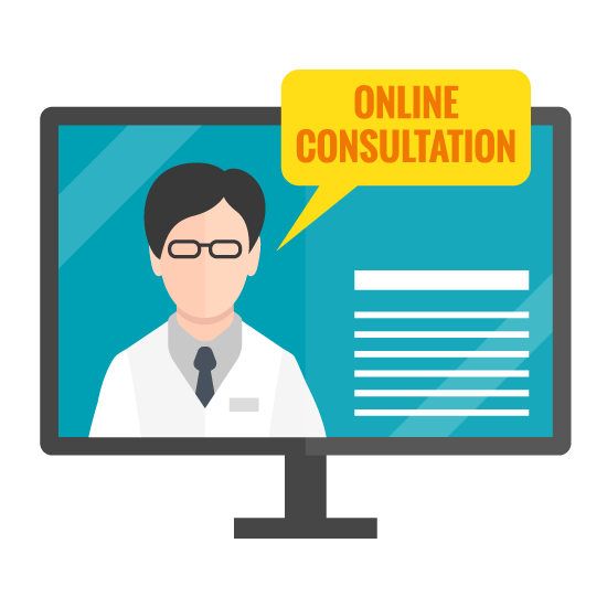 Online consultation between a patient and a doctor via video call, with both individuals visible on the screen.